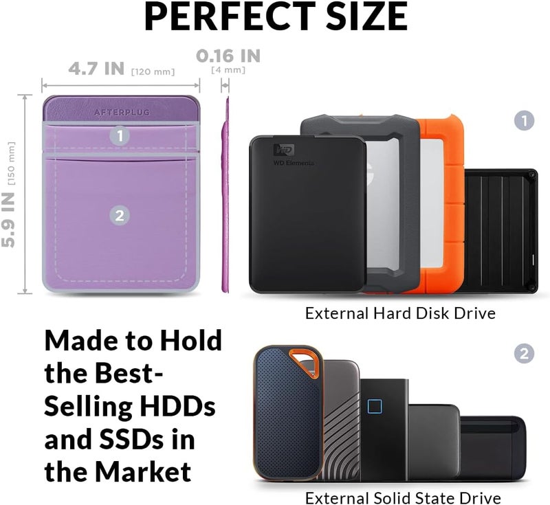 Afterplug 2-Pocket Adhesive Pouch for Laptop, Compatible with External 2.5" HDD, SSD, Magic Mouse, USB Cable and More - Lilac Purple - Image 3